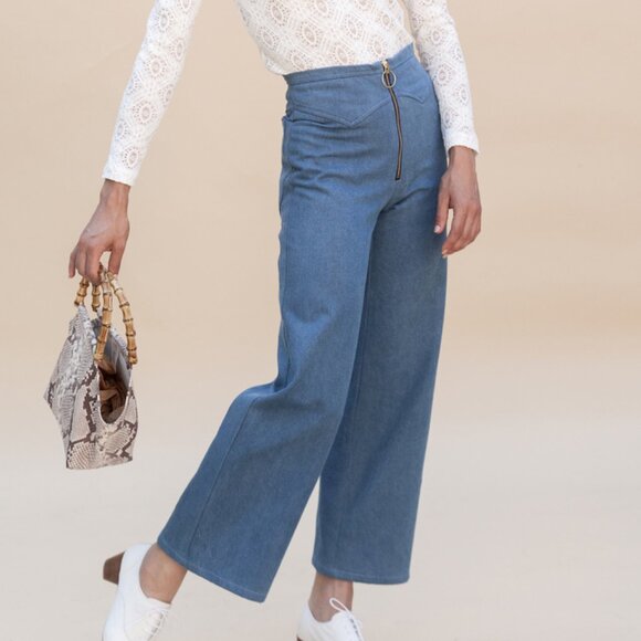 Lykke Wullf Jesse Zip Up Pants Lightwash Denim Hi Rise Wide Leg Crop Small